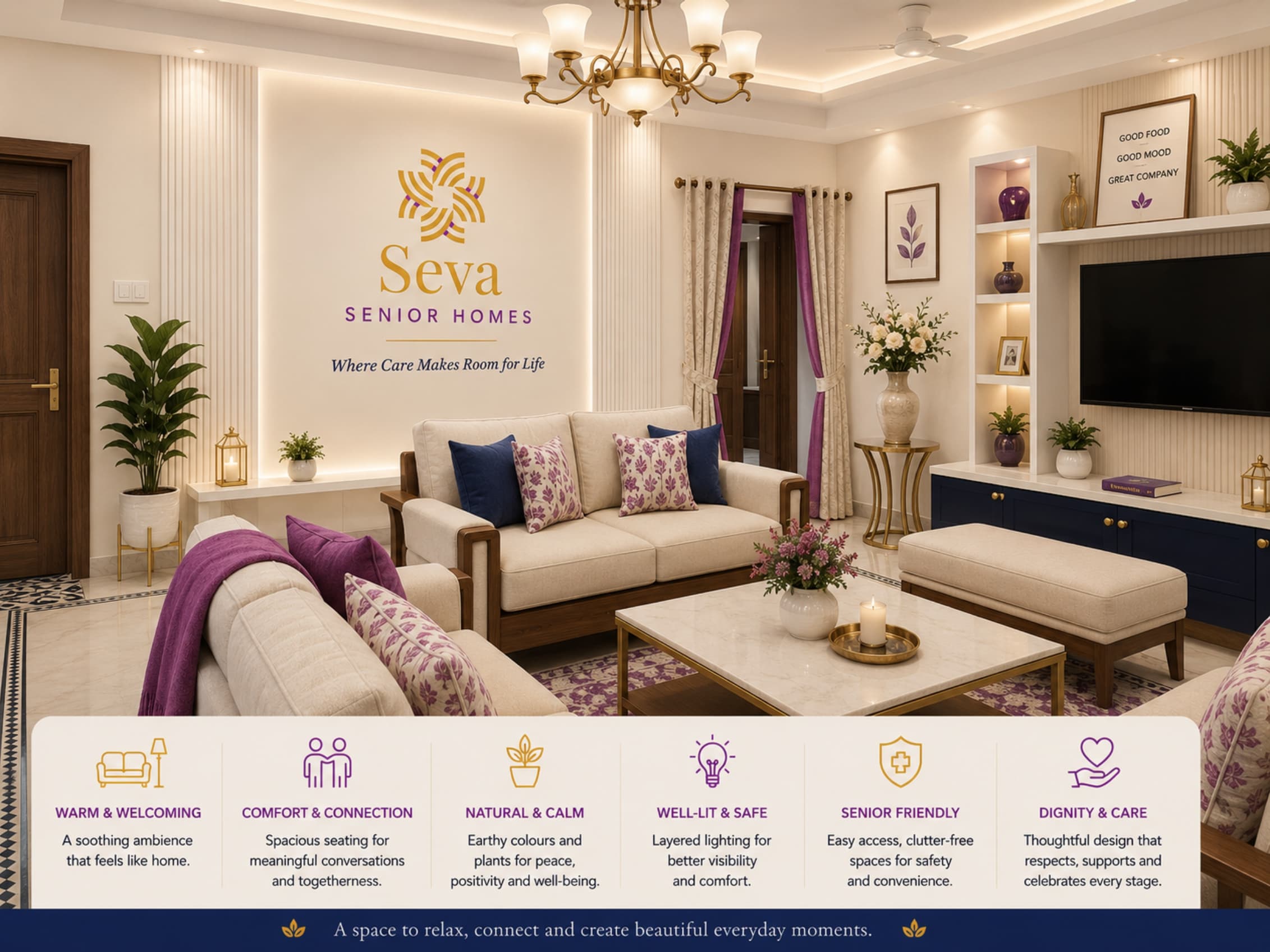The shared living room at Seva Senior Homes